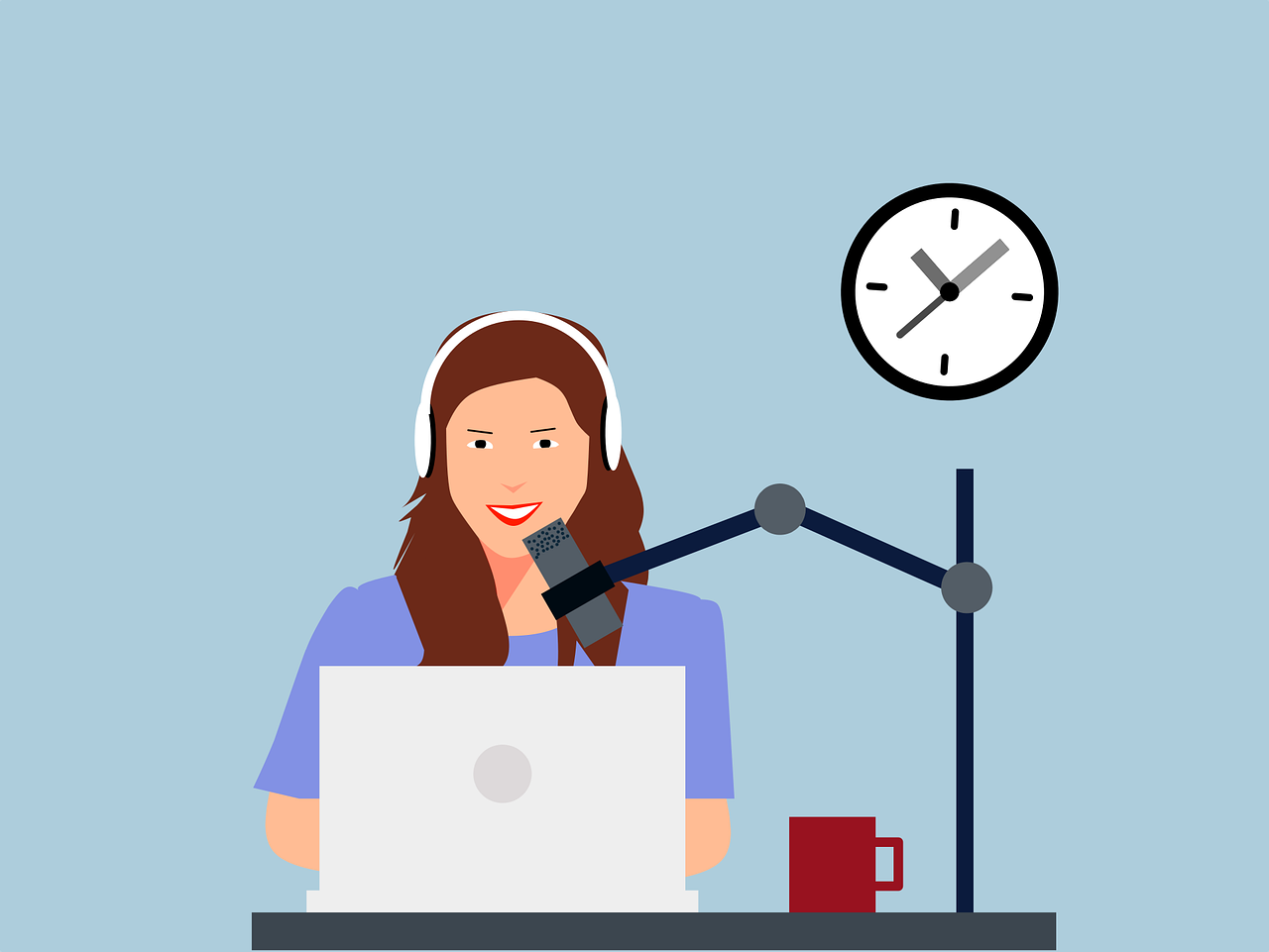 Illustration showing a lady broadcasting with a laptop and microphone with a clock on the wall behind her.